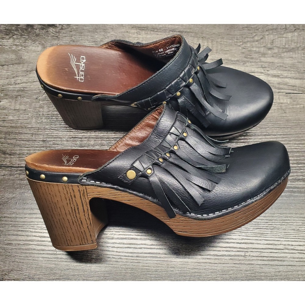 Dansko Deni Clogs 40 US 9.5-10 Black Fringe Chunky Y2K‎ Platform Leather Mule